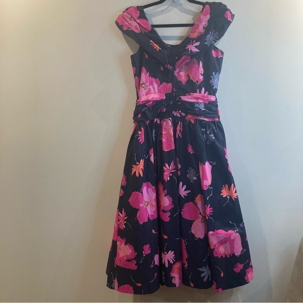 Laura Ashley Sz 14 80s Pink Black Floral Print 100% Cotton Day Dress 50s Style - Picture 9 of 11